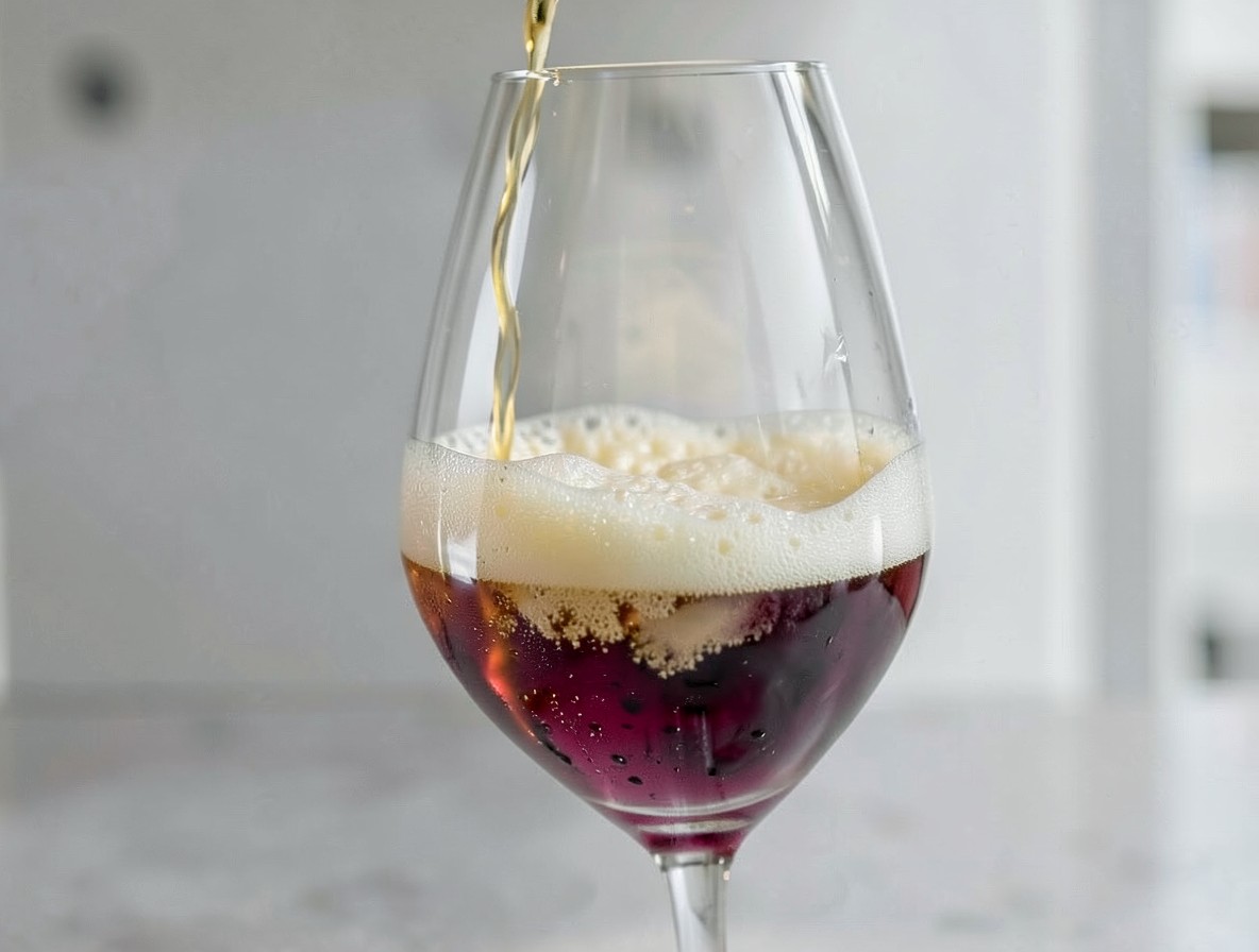 Pouring cold lager into the Embuscade cocktail to create a golden top layer
