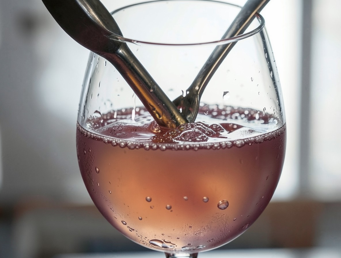 Close-up of stirring the Embuscade cocktail with a bar spoon