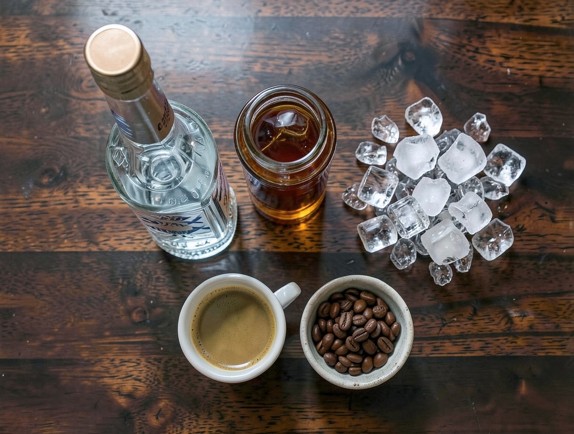 Flat lay of espresso martini ingredients: vodka, coffee liqueur, espresso, ice, coffee beans