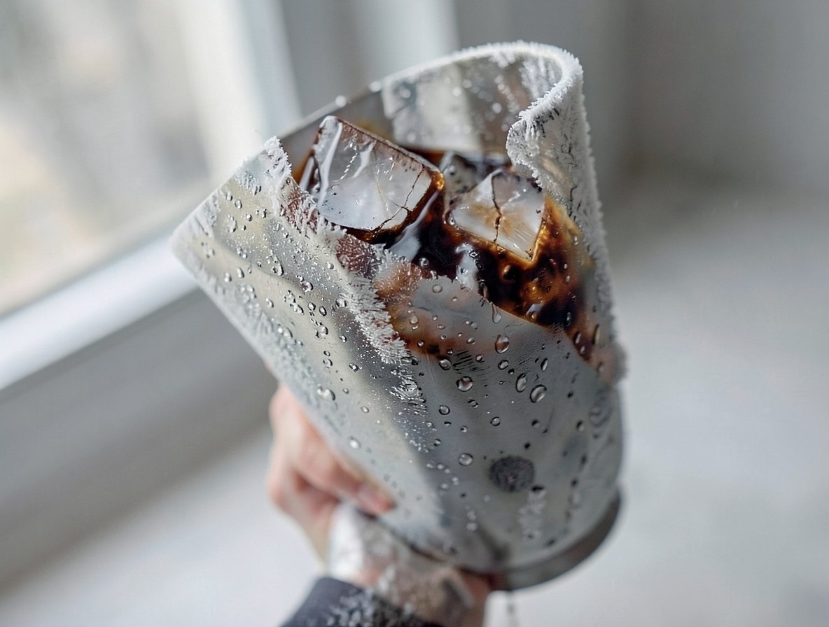 Cocktail shaker with frost and condensation after a hard shake