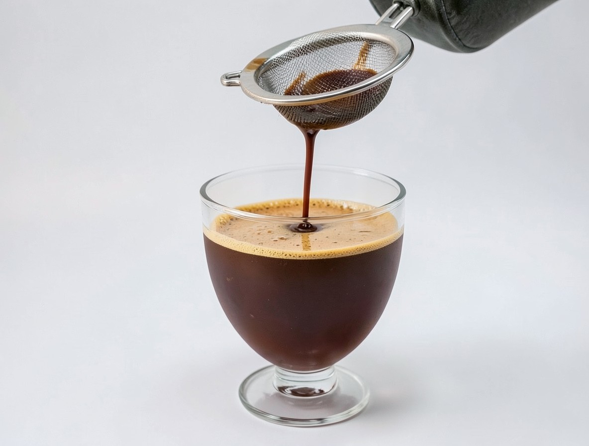 Pouring an espresso martini through a fine strainer into a coupe glass