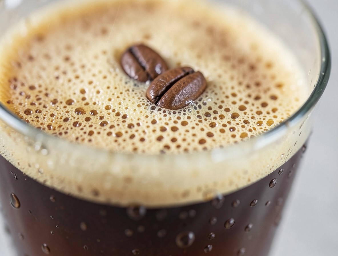 Close-up of coffee beans on the crema foam of an espresso martini
