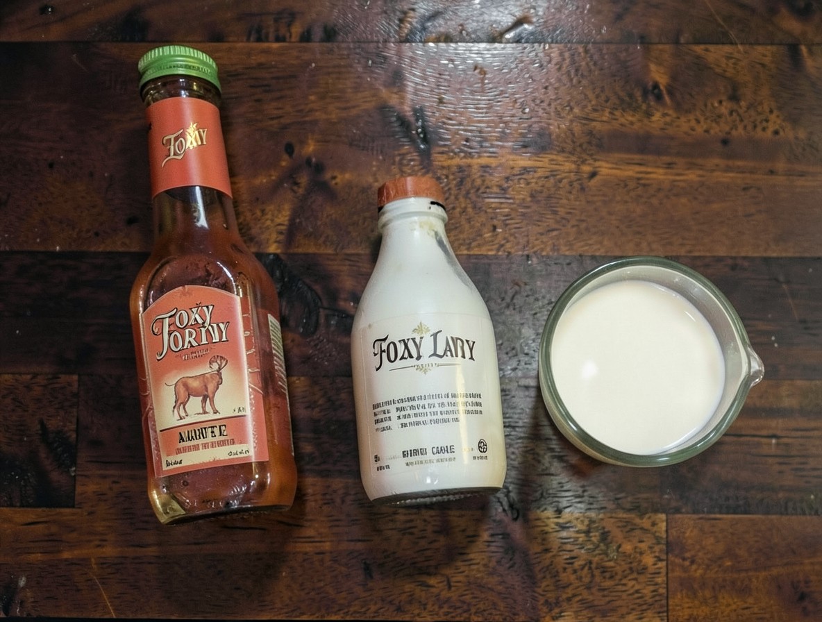 Flat lay of amaretto, white creme de cacao, and light cream for a Foxy Lady.