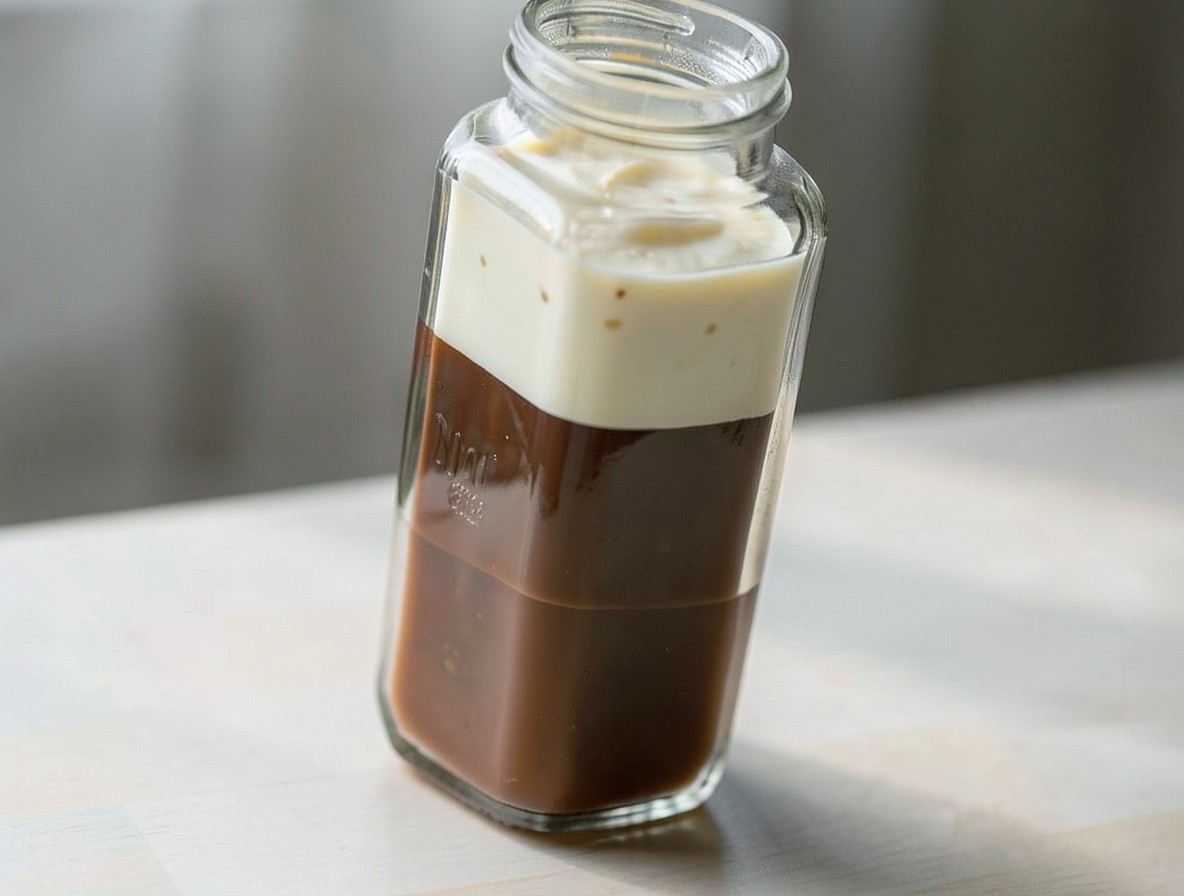 Amaretto, creme de cacao, and light cream layered in a cocktail shaker.