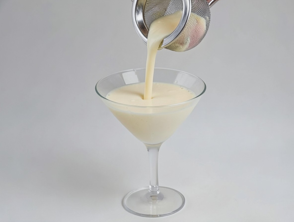 Pouring the creamy Foxy Lady cocktail through a strainer into a martini glass.