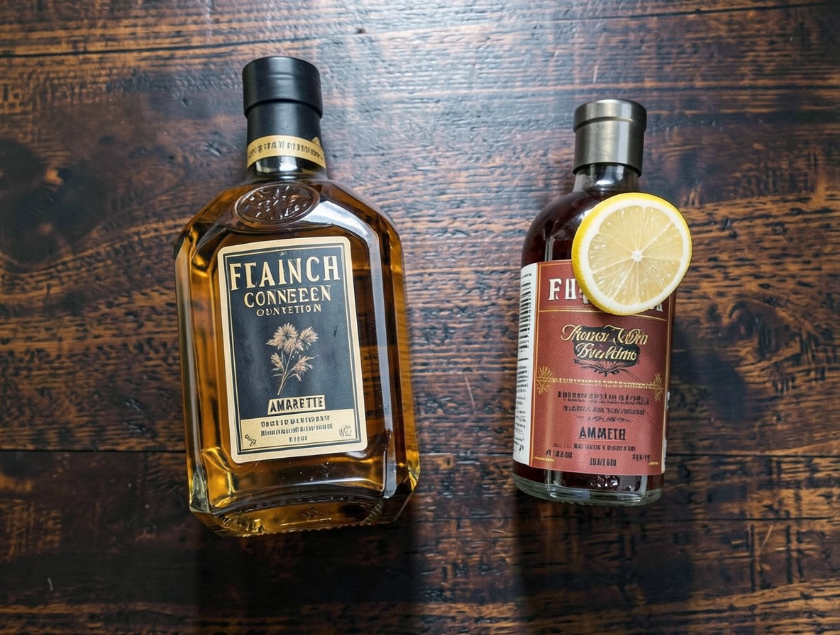 Flat lay of cognac and amaretto bottles with a jigger for a French Connection