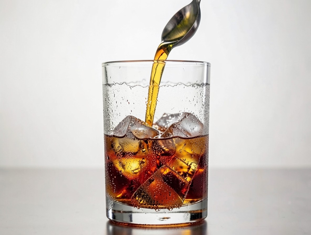 Bar spoon stirring a French Connection cocktail in a rocks glass with ice