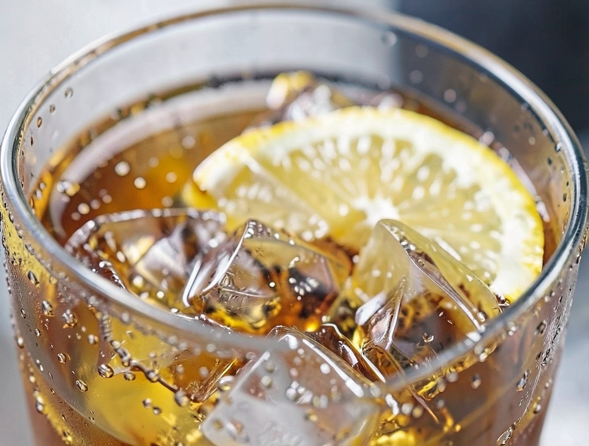 Macro shot of a French Connection cocktail showing clear amber liquid and condensation