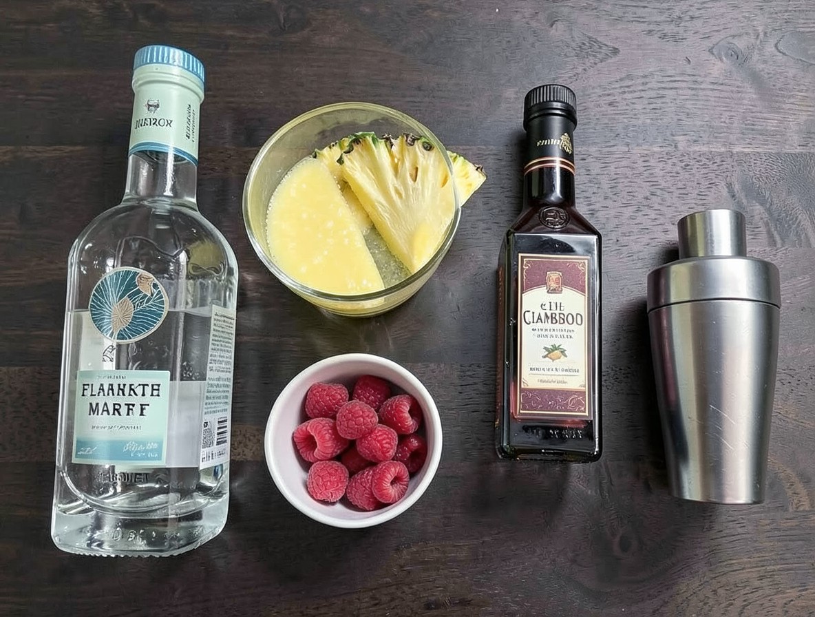 Ingredients for a French Martini laid out on a dark wood surface