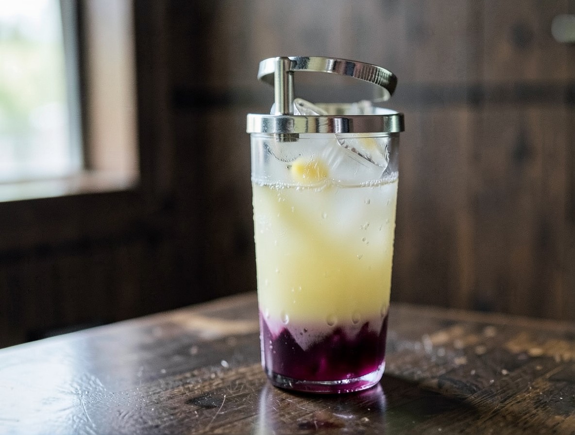 Layered pineapple juice and Chambord in a shaker with ice