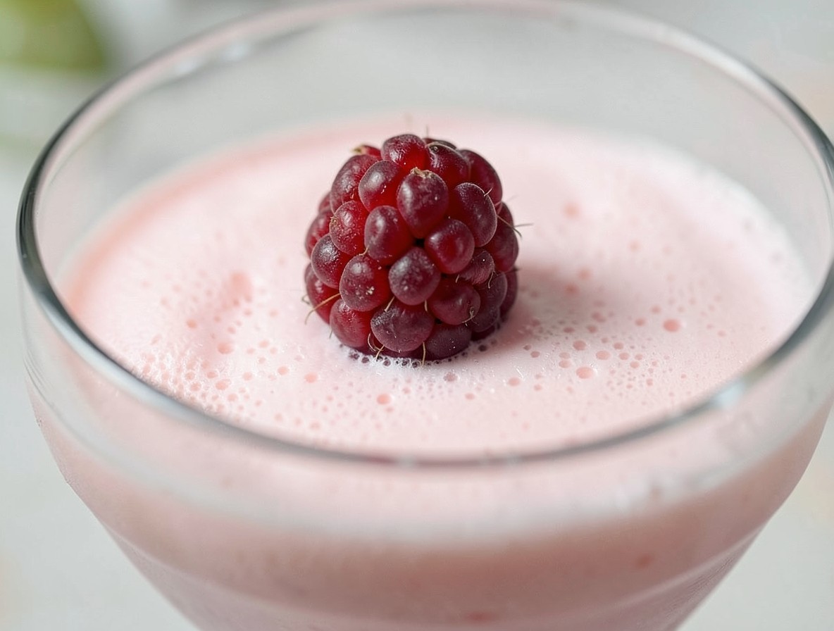 Raspberry garnish resting on the foam of a French Martini