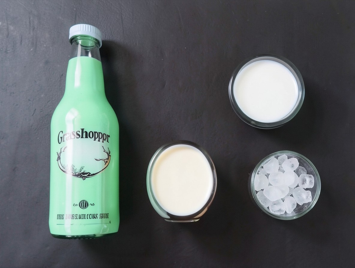 Flat lay of grasshopper cocktail ingredients: green crème de menthe, white crème de cacao, cream, and ice