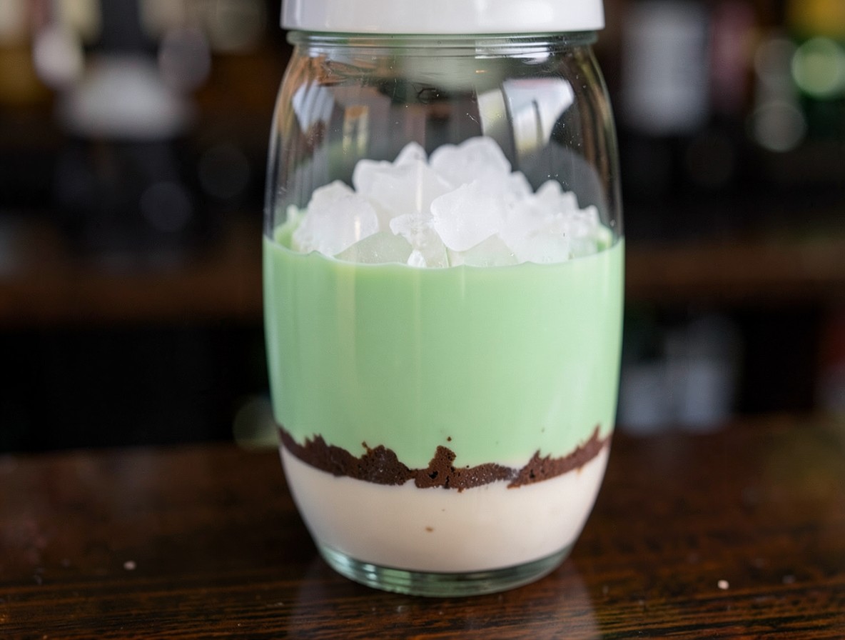 Blender jar with green and white liqueurs and heavy cream, topped with crushed ice