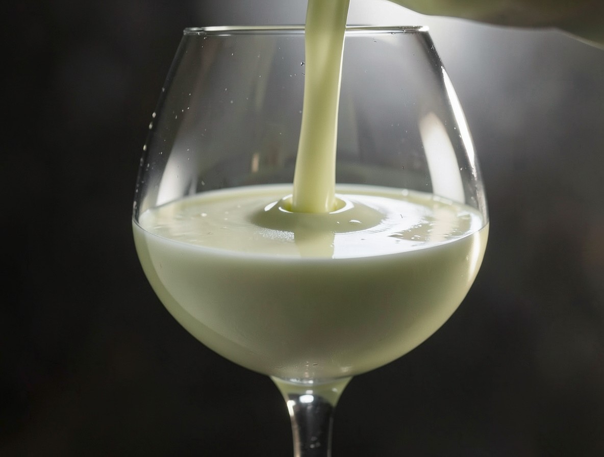 Pouring a thick pale green Grasshopper cocktail from a blender into a coupe glass