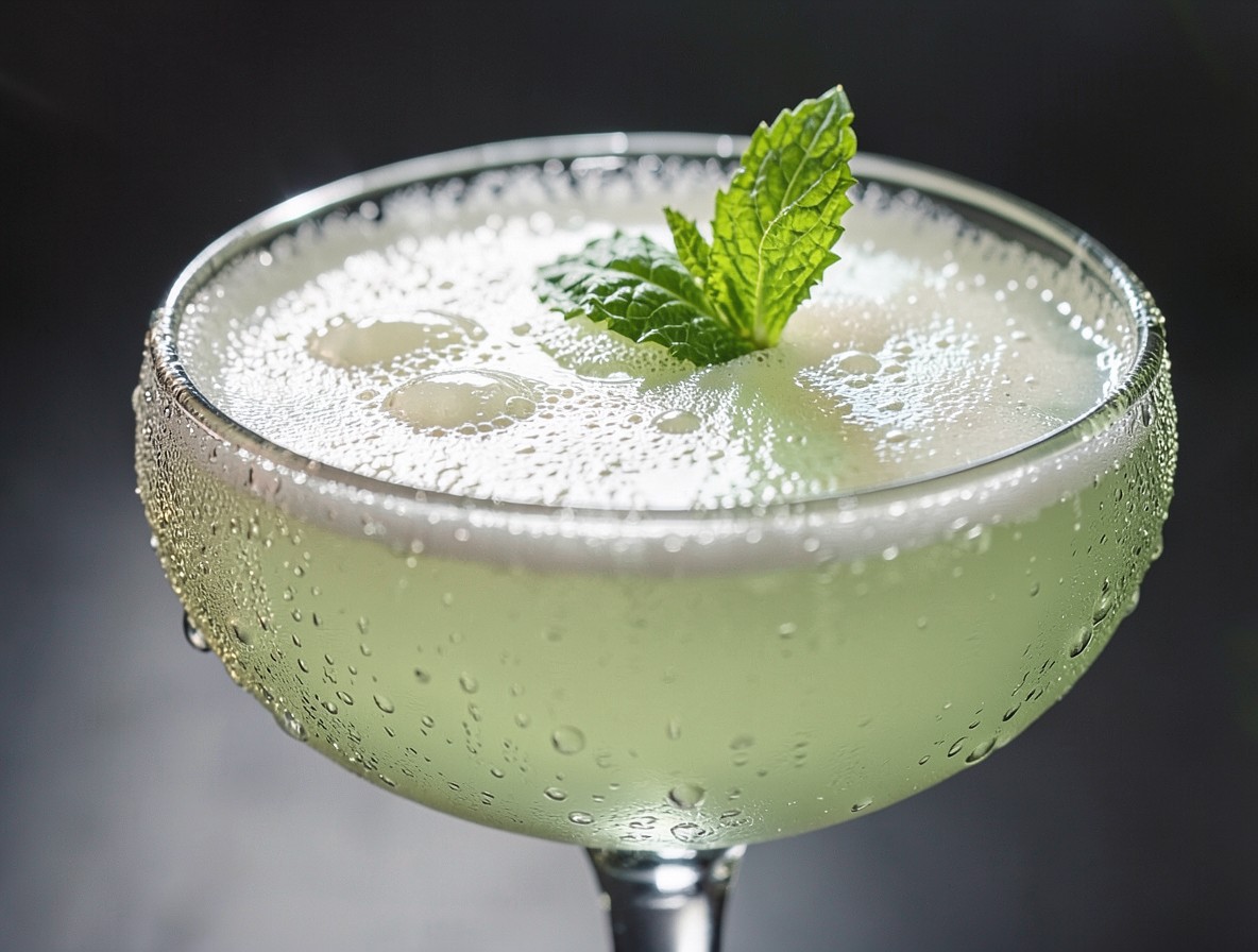 Close-up of a frothy pale green Grasshopper cocktail with a mint leaf and condensation