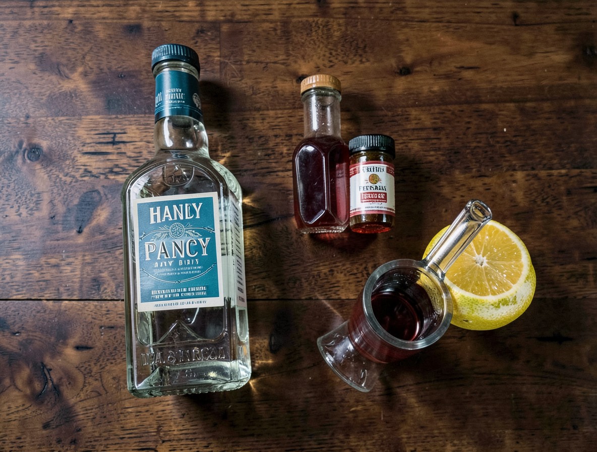 Ingredients for a Hanky Panky cocktail: gin, sweet vermouth, Fernet-Branca, and an orange