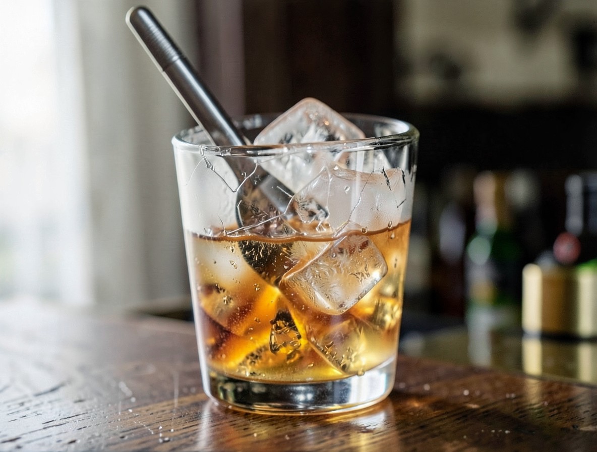 Stirring a Hanky Panky cocktail in a mixing glass with cracked ice