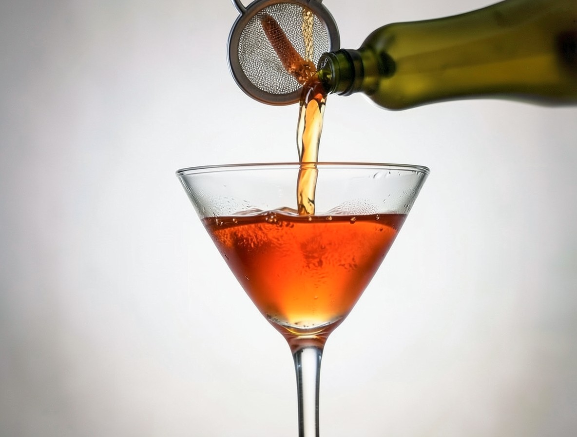 Pouring a clear amber Hanky Panky cocktail through a strainer