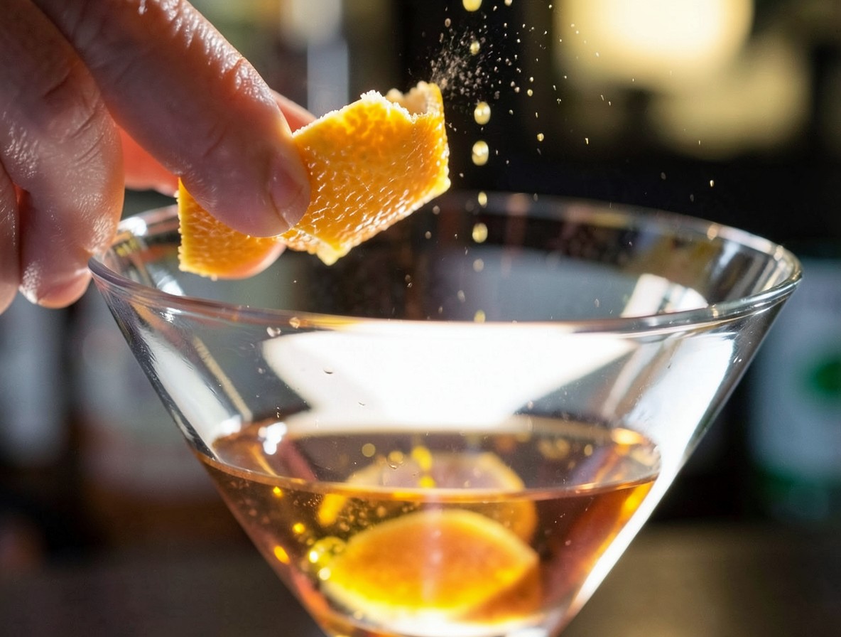 Expressing orange oils over a Hanky Panky cocktail