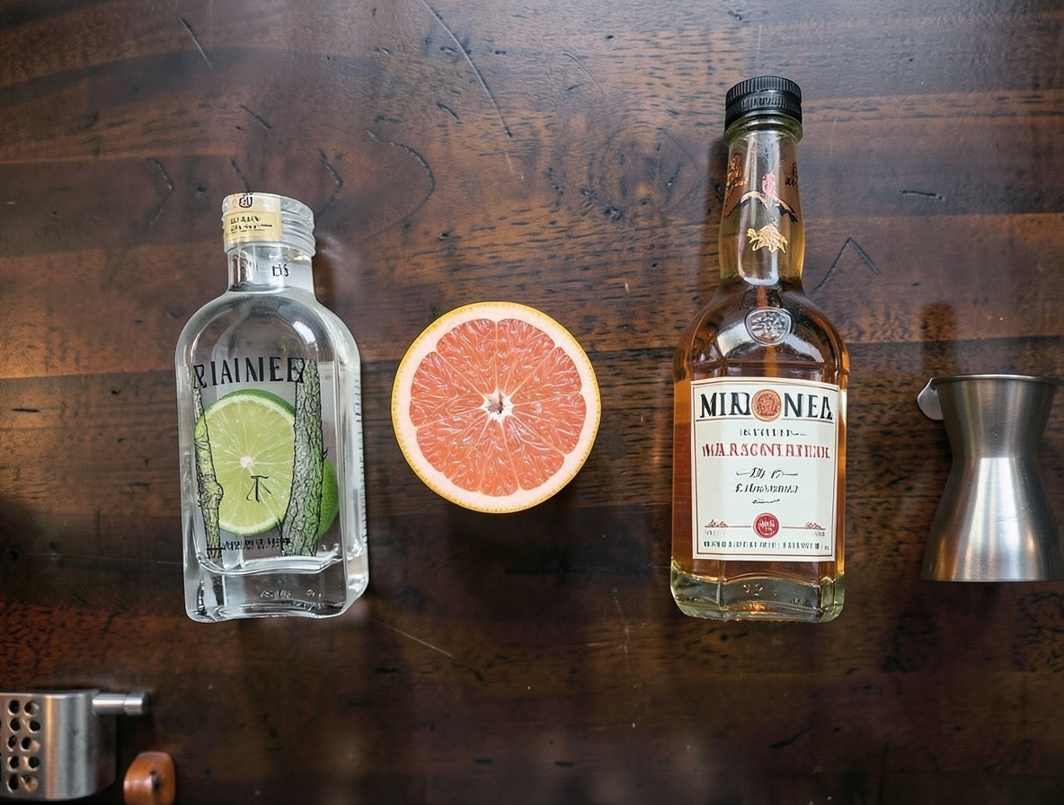 Ingredients for a Hemingway Special cocktail laid out on a bar top
