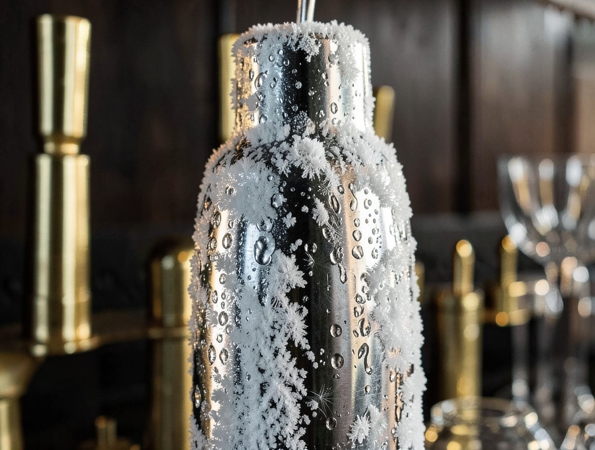 Close-up of a frosted cocktail shaker after shaking