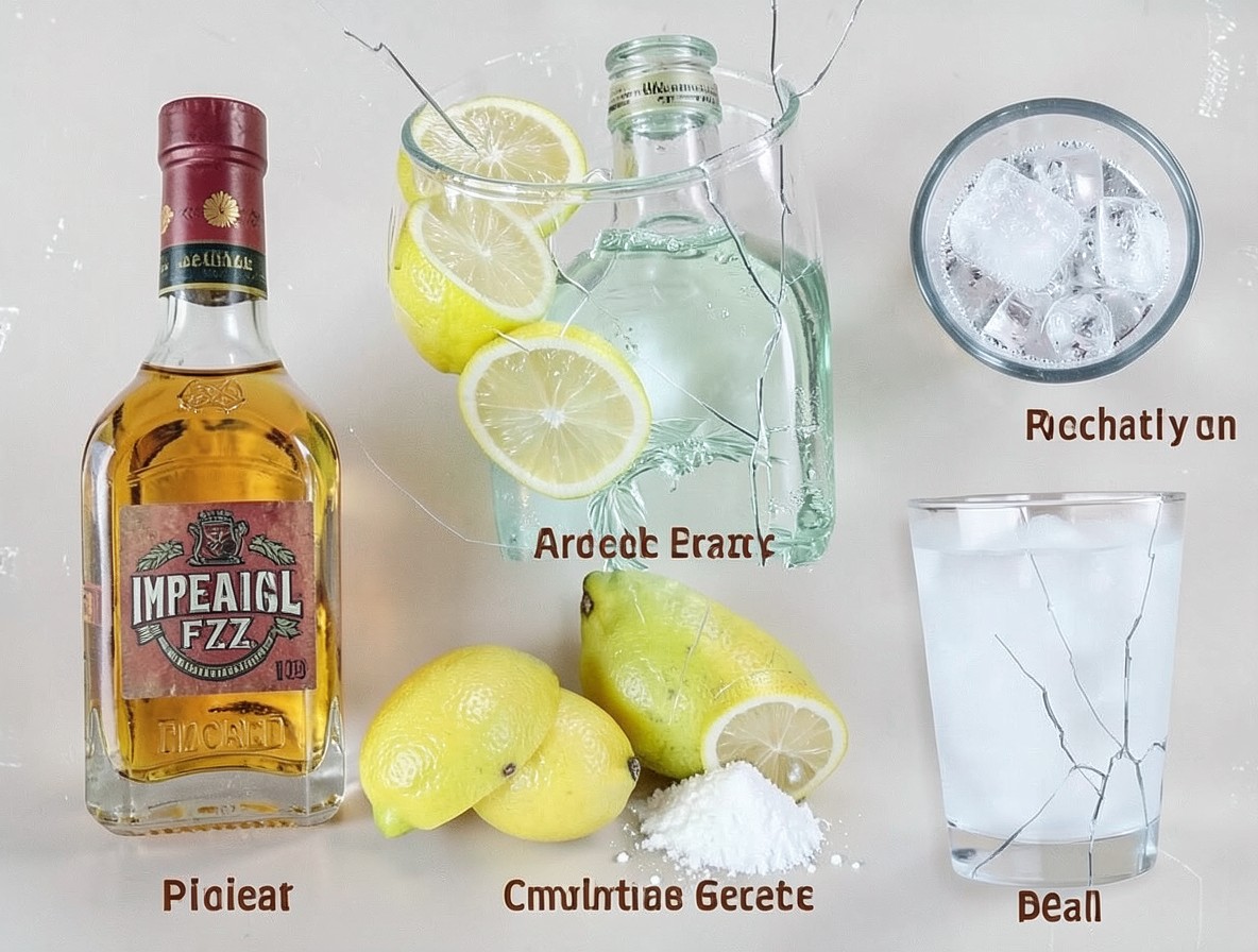 Imperial Fizz ingredients laid out: whiskey, rum, lemons, sugar, soda, and highball glass