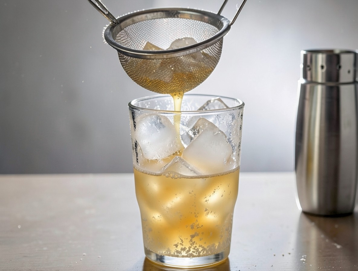 Straining the Imperial Fizz mixture into a highball glass with cracked ice