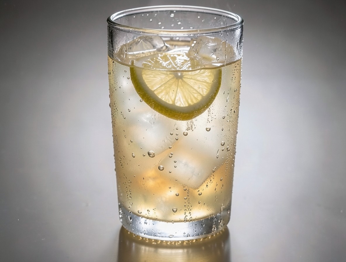 Close-up of Imperial Fizz with lemon wheel, rising bubbles, and condensation on glass