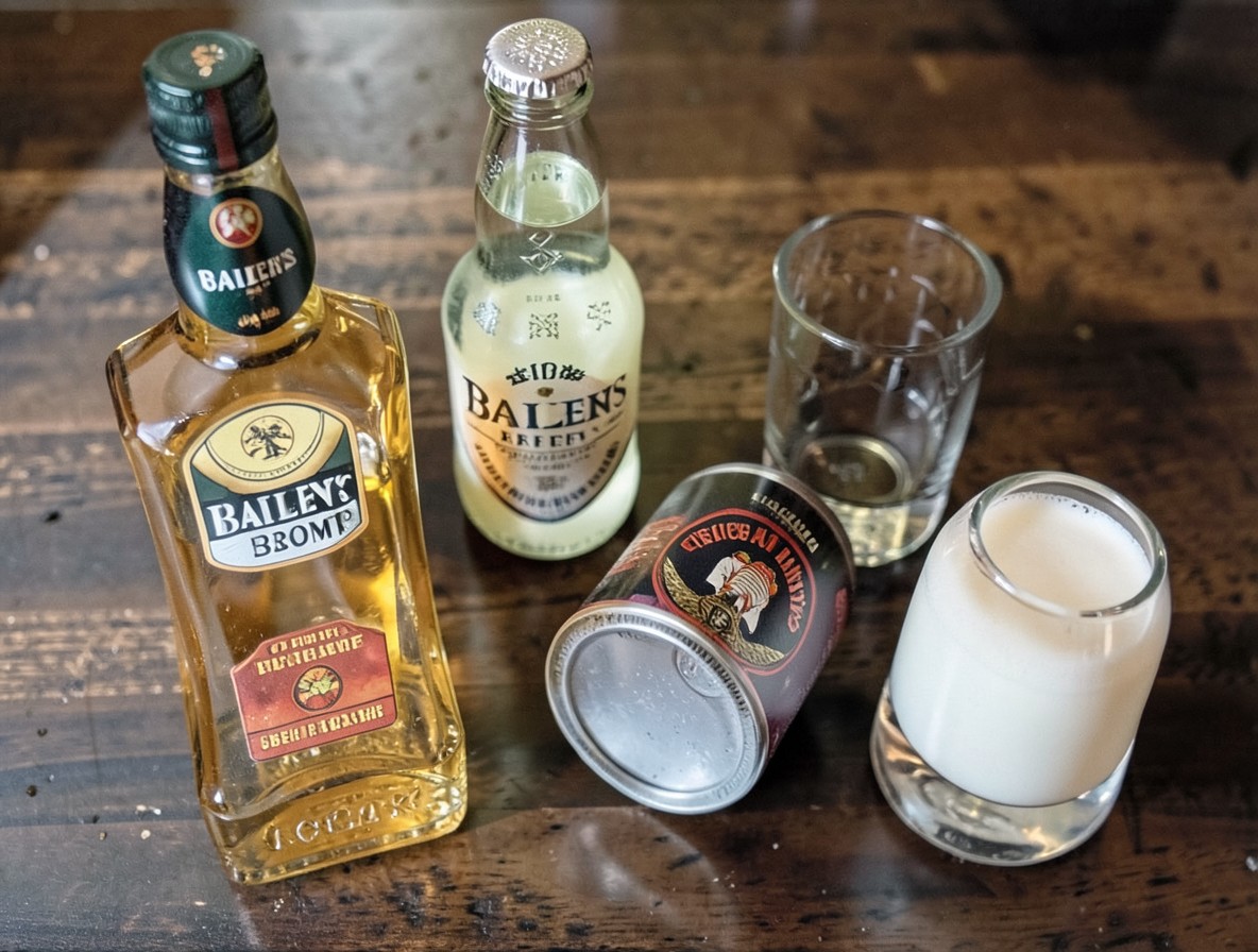 Ingredients for an Irish Car Bomb: whiskey, Baileys, and Guinness with a shot glass