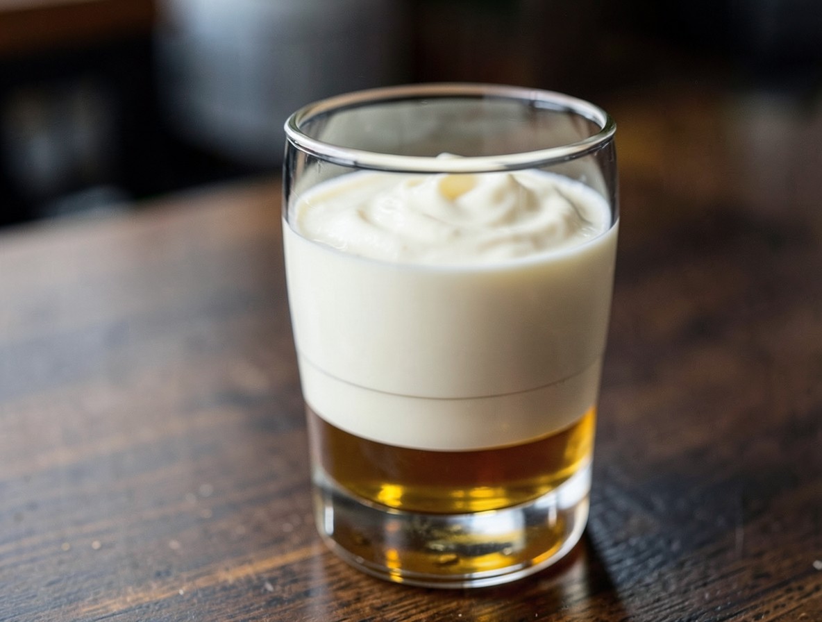 Shot glass with a clear layer of whiskey and a creamy Baileys layer on top