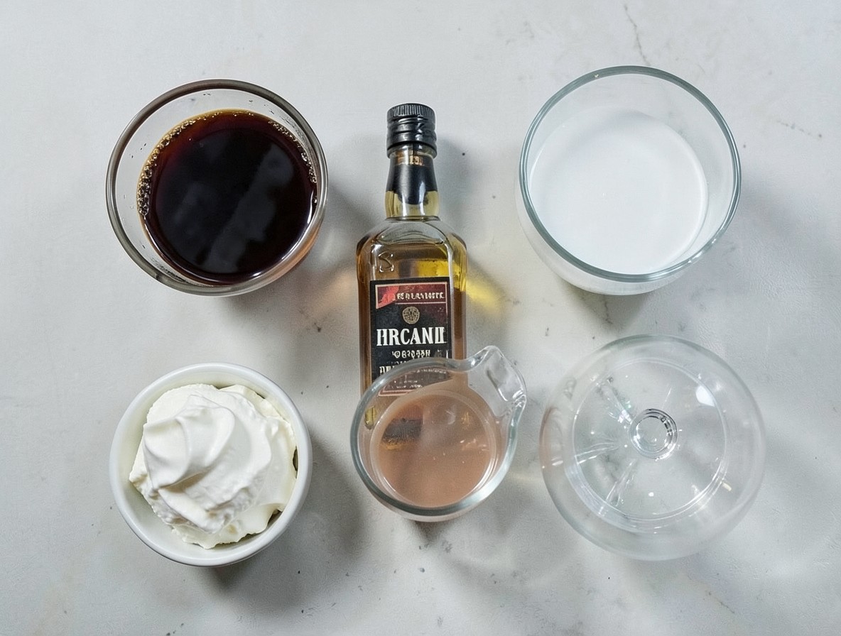Irish coffee ingredients flat lay with coffee, whiskey, sugar, and cream