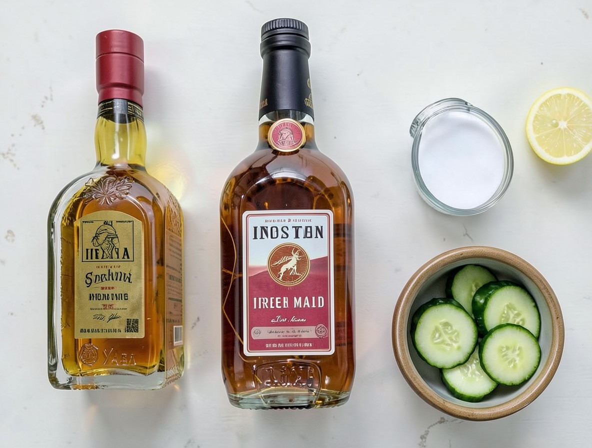 Ingredients for an Irish Maid cocktail laid out flat