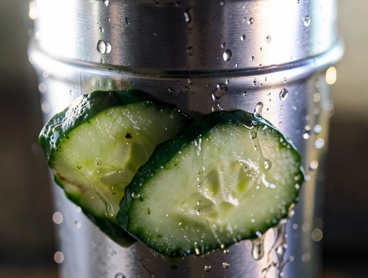Muddled cucumber slices in a cocktail shaker
