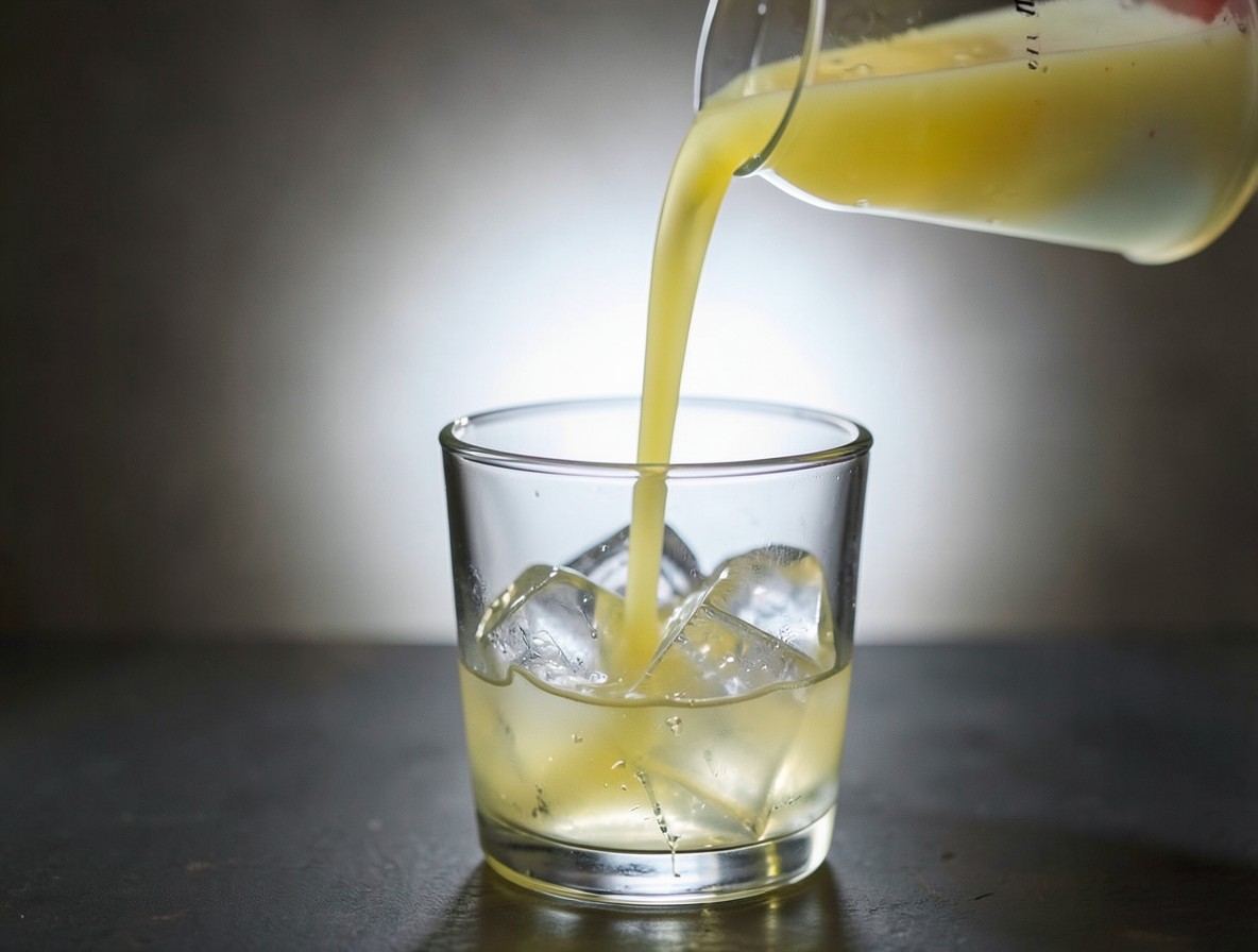 Pouring the Irish Maid cocktail into a rocks glass