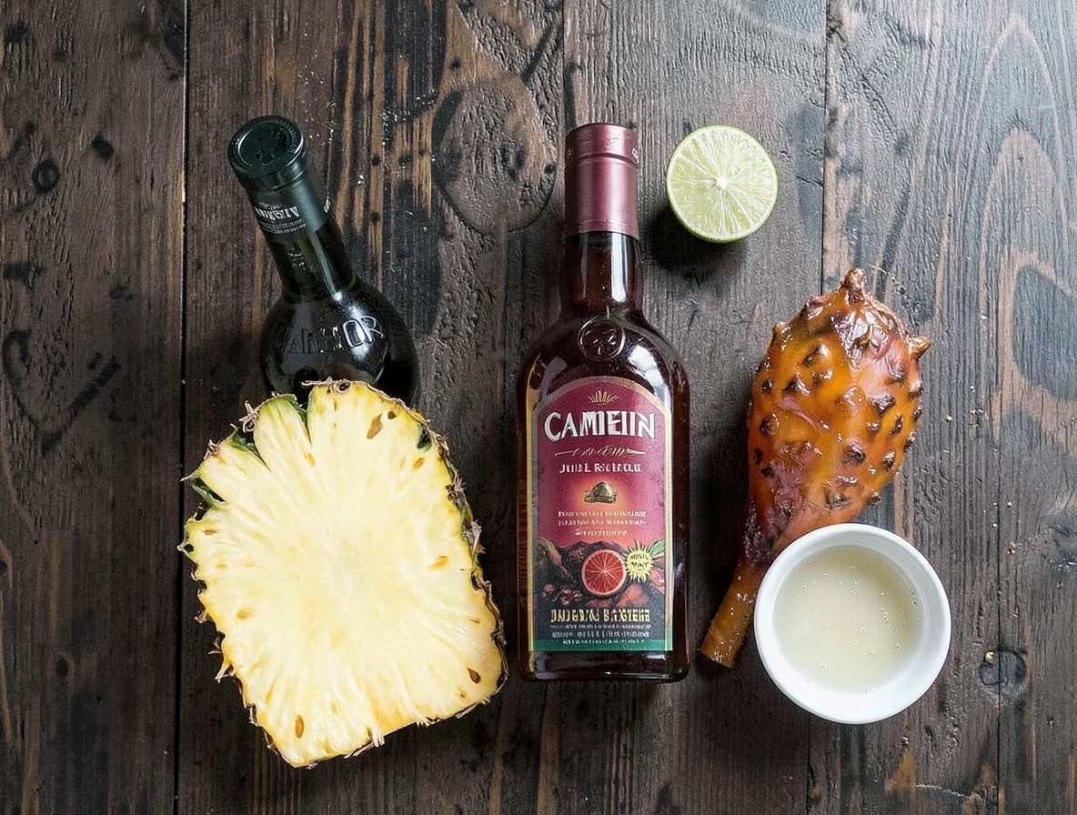 Flat lay of dark rum, Campari, fresh pineapple, lime, and simple syrup for a Jungle Bird.