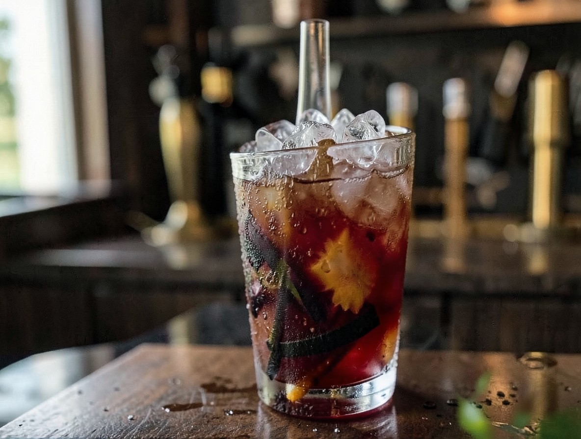 Cocktail shaker with crushed ice and Jungle Bird ingredients before shaking.