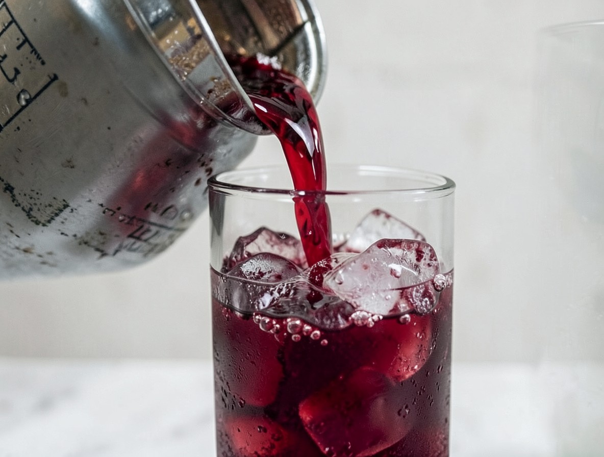 Pouring ruby-red Jungle Bird cocktail from a shaker into a glass with crushed ice.