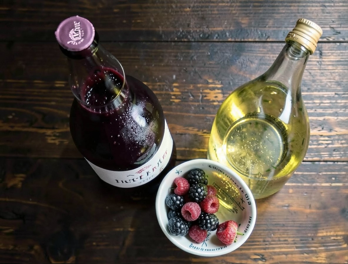 Kir Royale ingredients flat lay, cassis bottle, sparkling wine, fresh berries