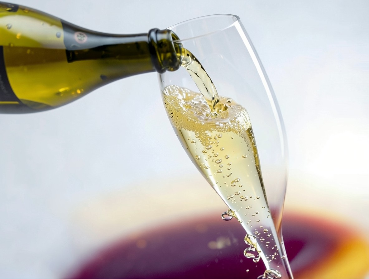 Sparkling wine pouring into a flute with crème de cassis, gradient forming