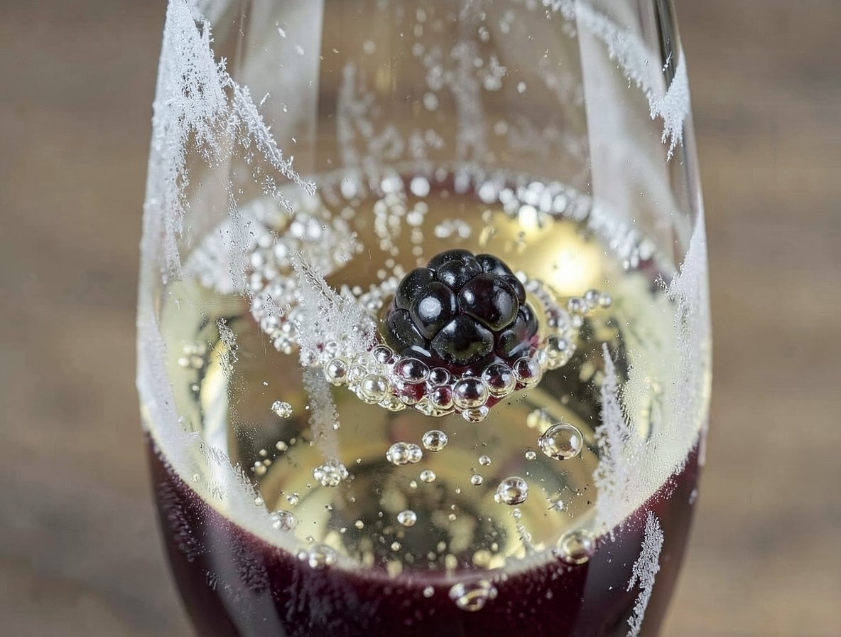 Finished Kir Royale with blackberry garnish, gradient of purple to gold