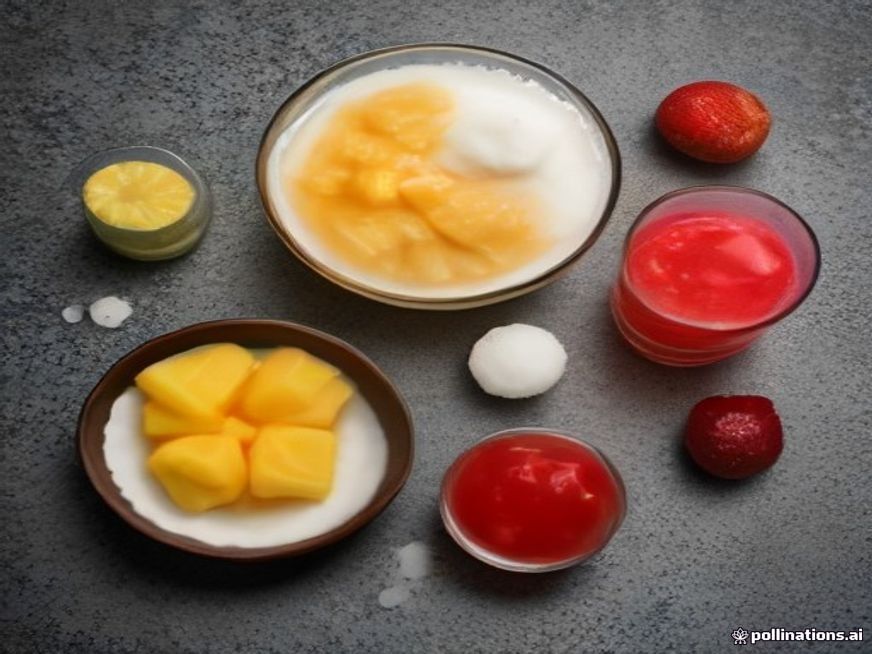 Overhead flat lay of ingredients for a Lava Flow cocktail.