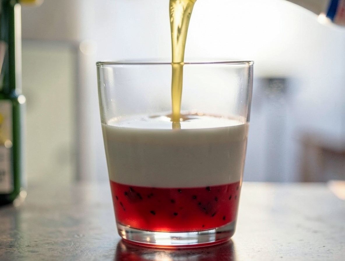 Pouring the white cream layer over a bar spoon into a glass of red strawberry puree.
