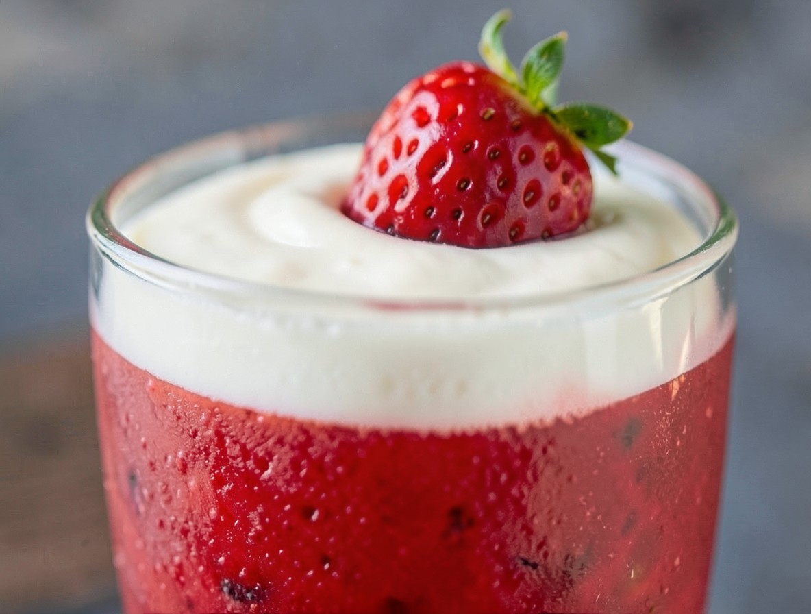 Finished Lava Flow with perfect red and white layers and a strawberry garnish.