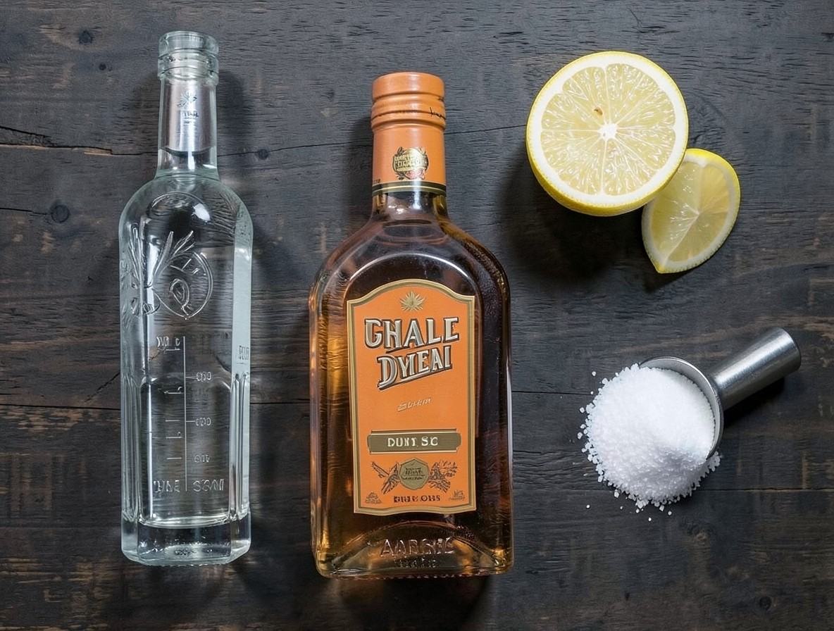 Ingredients for a Lemon Drop Martini arranged on dark wood: vodka, triple sec, fresh lemons, sugar