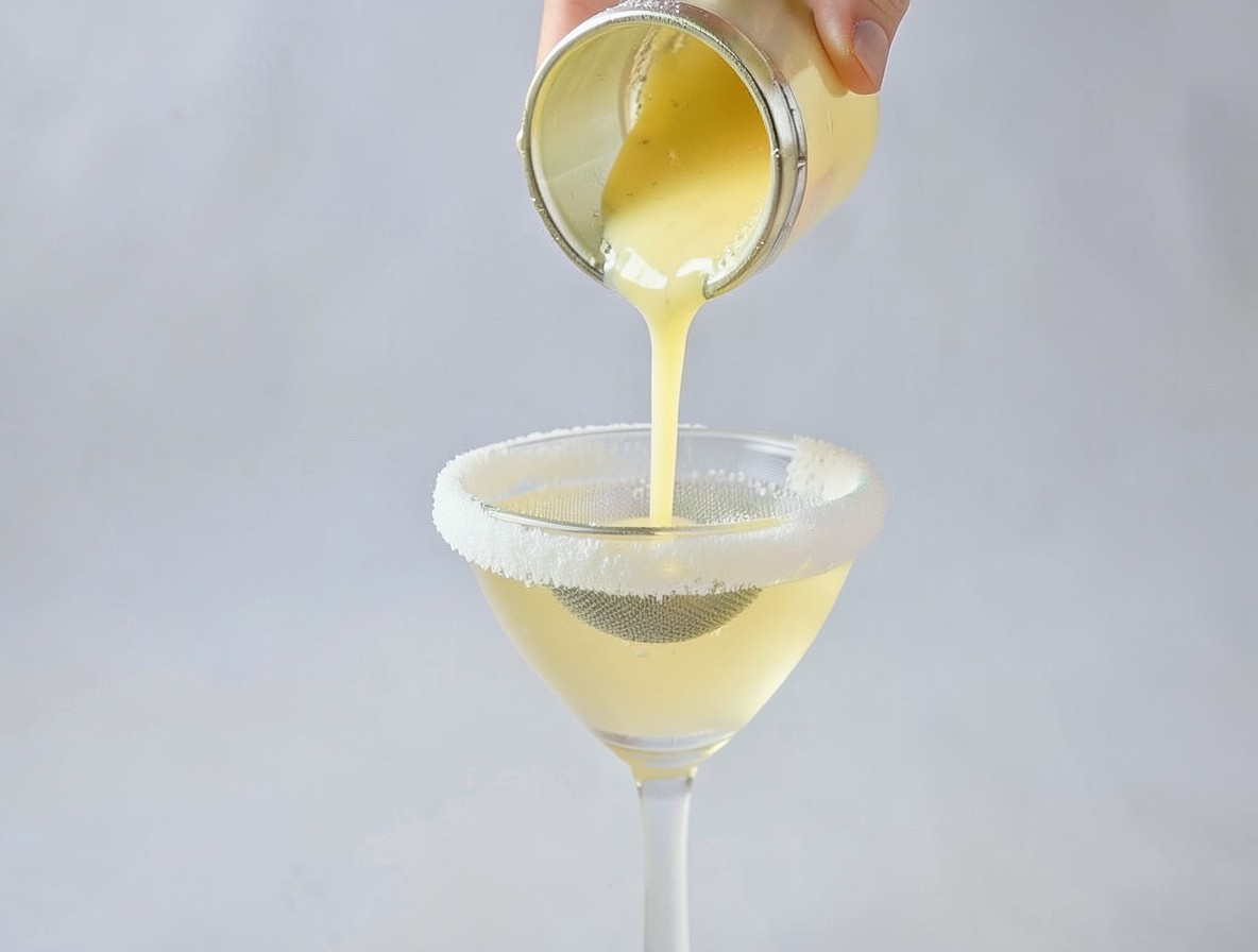 Pouring a clear Lemon Drop Martini through a fine strainer into a sugar-rimmed glass