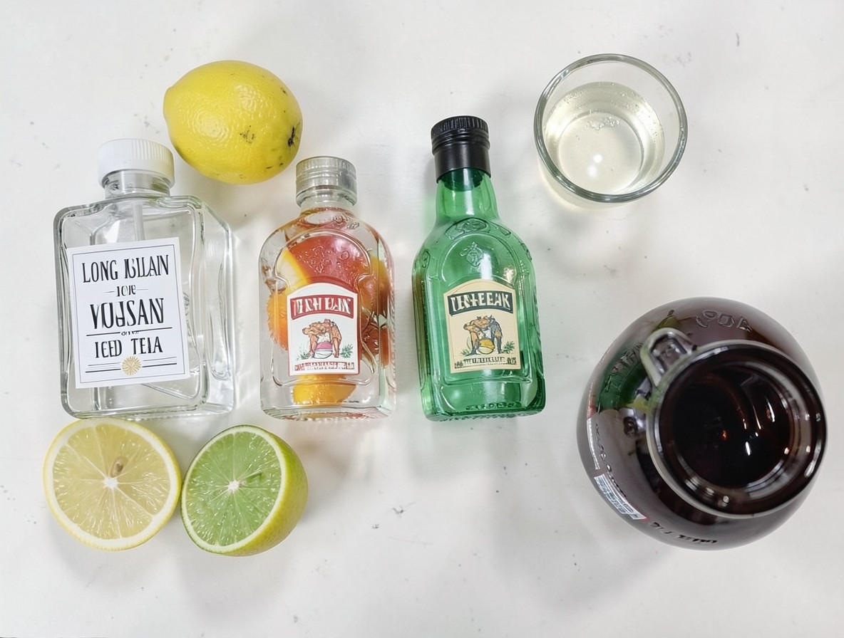 Flat lay of spirits, fresh citrus, and cola for Long Island Iced Tea