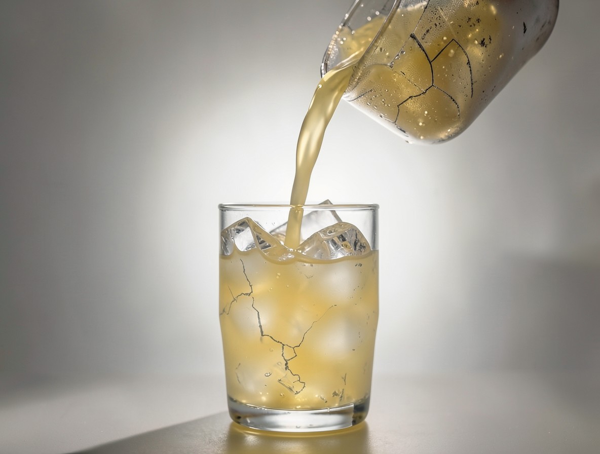 Pale golden cocktail being strained into an ice-filled hurricane glass