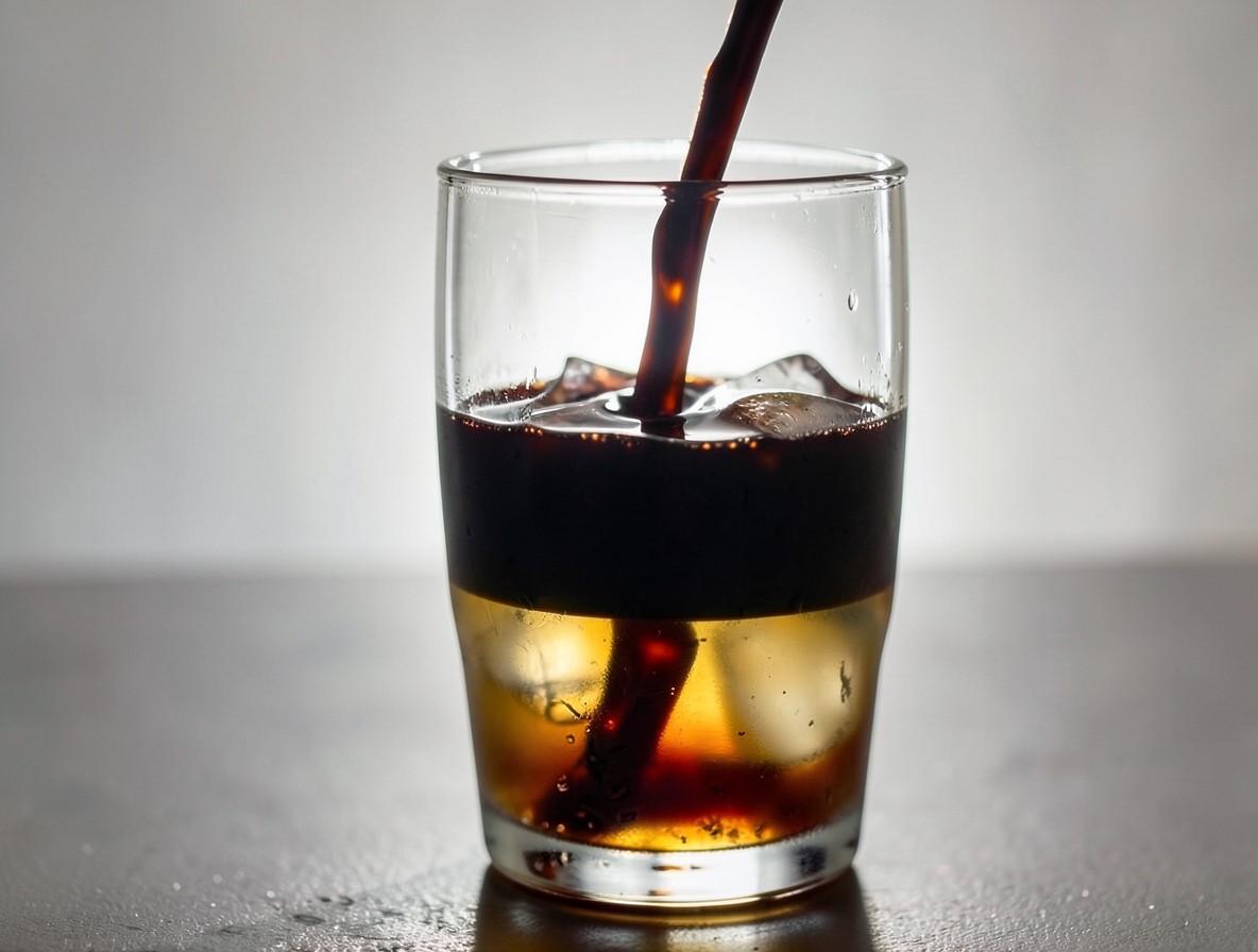 Dark cola floating over golden cocktail in a hurricane glass, creating layers