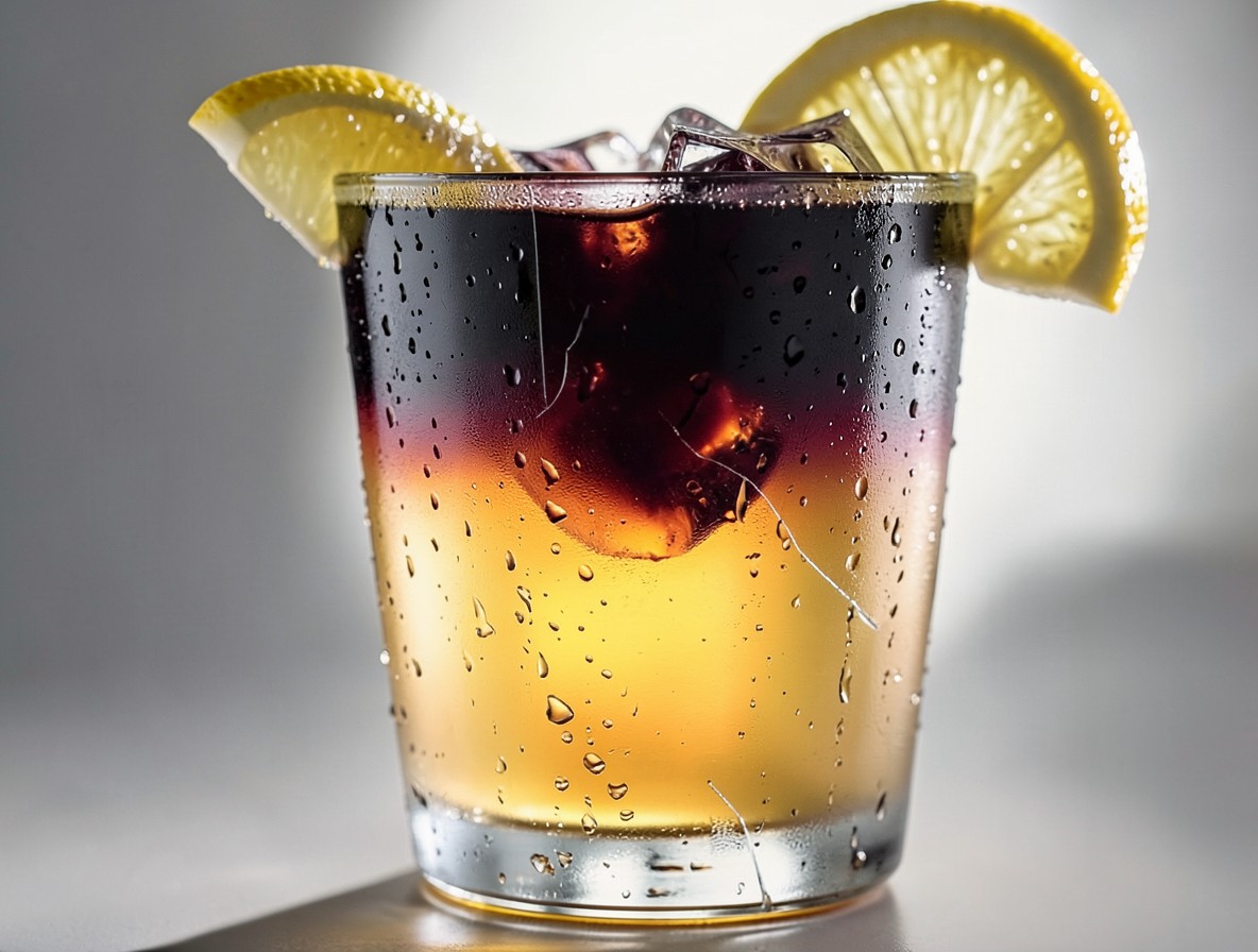 Close-up of Long Island Iced Tea showing cola gradient and lemon wedge