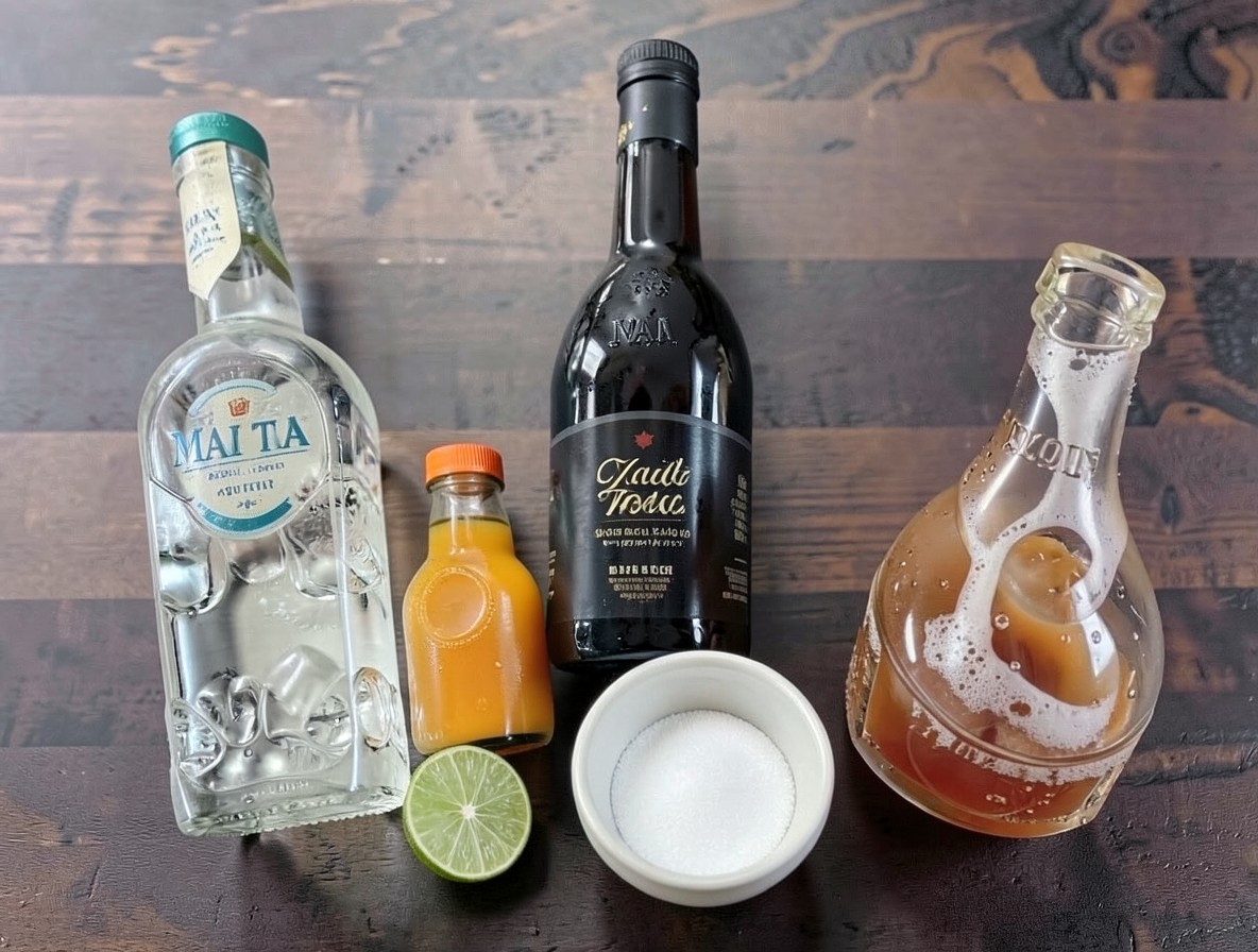 Mai Tai ingredients flat lay with rum bottles, lime, curaçao and orgeat on dark wood
